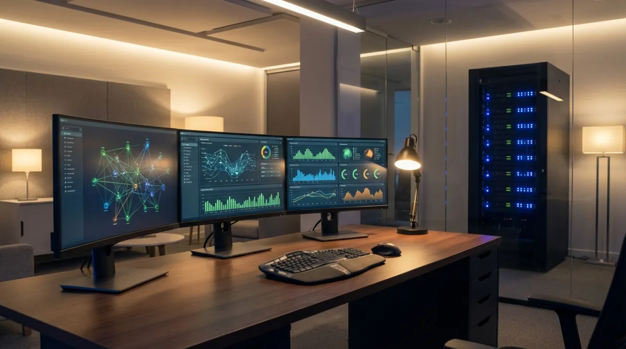 Gestion de parc informatique professionnel, moniteurs de supervision réseau et serveurs dans un bureau d'entreprise à Genève