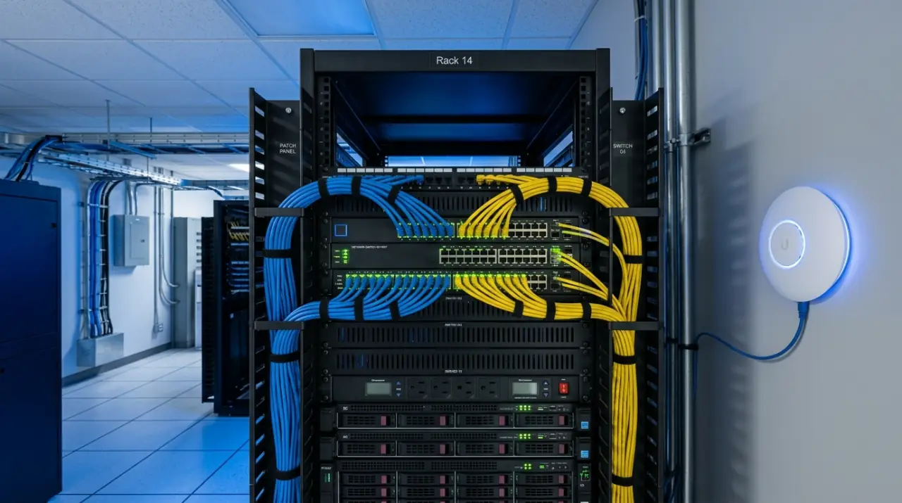 Infrastructure réseau professionnelle, rack serveur avec switch et câblage Ethernet organisé